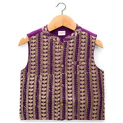 Babyhug Woven Full Sleeves Kurta Pajama & Nehru Jacket with Foil Embroidery - Beige & Purple