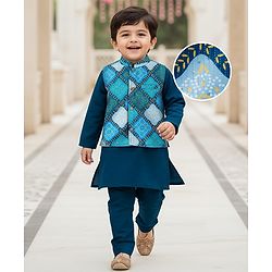 Babyhug Woven Full Sleeves Kurta Pajama & Nehru Jacket with Diamond argyle Print - Teal Blue