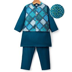 Babyhug Woven Full Sleeves Kurta Pajama & Nehru Jacket with Diamond argyle Print - Teal Blue
