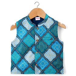 Babyhug Woven Full Sleeves Kurta Pajama & Nehru Jacket with Diamond argyle Print - Teal Blue