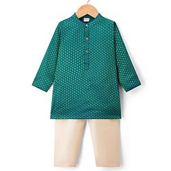 Babyhug Brocade Woven Full Sleeves Kurta Pajama Set With Floral Foil Print - Dark Green