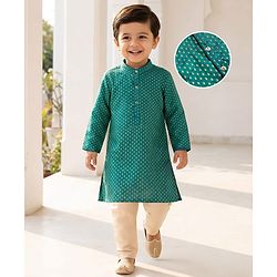 Babyhug Brocade Woven Full Sleeves Kurta Pajama Set With Floral Foil Print - Dark Green