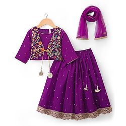 Babyhug Lurex Woven Three Fourth Sleeves Choli Lehenga & Dupatta Set With Floral Embriodery - Purple
