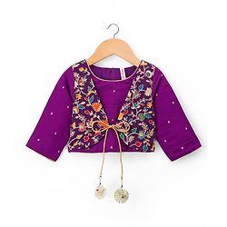 Babyhug Lurex Woven Three Fourth Sleeves Choli Lehenga & Dupatta Set With Floral Embriodery - Purple
