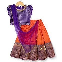 Babyhug Brocade Woven Half Sleeves Pattu Pavda Choli Lehenga & Dupatta Set With Floral Print & Embroidery - Orange & Purple