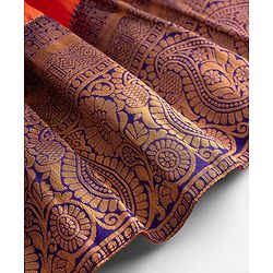 Babyhug Brocade Woven Half Sleeves Pattu Pavda Choli Lehenga & Dupatta Set With Floral Print & Embroidery - Orange & Purple