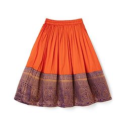 Babyhug Brocade Woven Half Sleeves Pattu Pavda Choli Lehenga & Dupatta Set With Floral Print & Embroidery - Orange & Purple