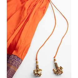 Babyhug Brocade Woven Half Sleeves Pattu Pavda Choli Lehenga & Dupatta Set With Floral Print & Embroidery - Orange & Purple