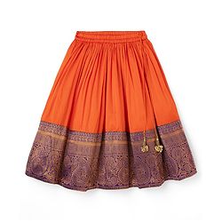 Babyhug Brocade Woven Half Sleeves Pattu Pavda Choli Lehenga & Dupatta Set With Floral Print & Embroidery - Orange & Purple