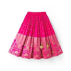 Babyhug Brocade Woven Half Sleeves Pattu Pavda Choli Lehenga & Dupatta Set With Floral Embriodery - Fuschia