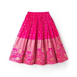 Babyhug Brocade Woven Half Sleeves Pattu Pavda Choli Lehenga & Dupatta Set With Floral Embriodery - Fuschia