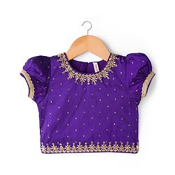 Babyhug Brocade Woven Half Sleeves Pattu Pavda Choli Lehenga & Dupatta Set With Floral Embriodery - Fuschia