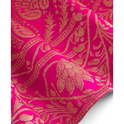 Babyhug Brocade Woven Half Sleeves Pattu Pavda Choli Lehenga & Dupatta Set With Floral Embriodery - Fuschia