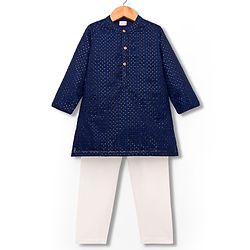 Babyhug Georgette Woven Full Sleeves Kurta Pajama Set with Embroidery - Navy Blue