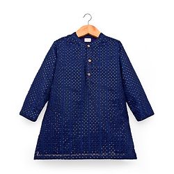Babyhug Georgette Woven Full Sleeves Kurta Pajama Set with Embroidery - Navy Blue