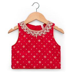 Babyhug Brocade Woven Sleeveless Choli Lehenga Set with Dupatta & Floral Embroidery - Red