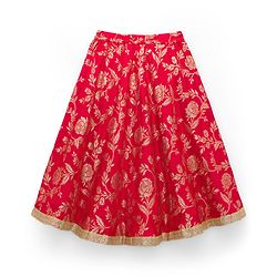 Babyhug Brocade Woven Sleeveless Choli Lehenga Set with Dupatta & Floral Embroidery - Red