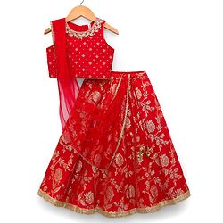 Babyhug Brocade Woven Sleeveless Choli Lehenga Set with Dupatta & Floral Embroidery - Red