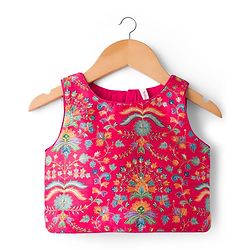 Babyhug Net Woven Sleeveless Choli Lehenga & Dupatta Set With Floral Embriodery - Fuschia