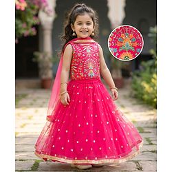 Babyhug Net Woven Sleeveless Choli Lehenga & Dupatta Set With Floral Embriodery - Fuschia