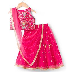 Babyhug Net Woven Sleeveless Choli Lehenga & Dupatta Set With Floral Embriodery - Fuschia