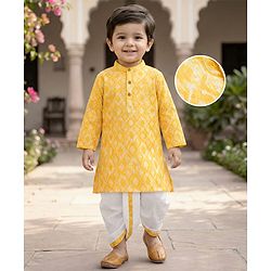 Babyhug Woven Full Sleeves Hakkoba Embroidered  Kurta Dhoti Set -Yellow