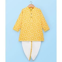 Babyhug Woven Full Sleeves Hakkoba Embroidered  Kurta Dhoti Set -Yellow