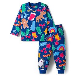 Babyhug Cotton Knit Full Sleeves Co-ords Night Suit With Star Print - Blue