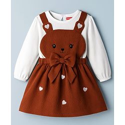 Babyhug Cotton Knit Frock & Full Sleeves Inner Tee With Animal & Heart Embroidery - Brown & White
