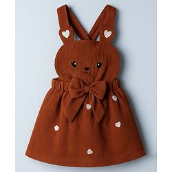 Babyhug Cotton Knit Frock & Full Sleeves Inner Tee With Animal & Heart Embroidery - Brown & White