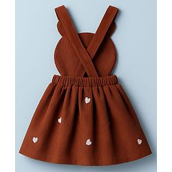Babyhug Cotton Knit Frock & Full Sleeves Inner Tee With Animal & Heart Embroidery - Brown & White