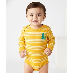 Babyhug 100% Cotton Interlock Knit Full Sleeves Onesie with Stripes & Tree Print - Yellow