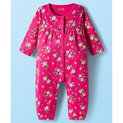 Babyhug 100% Cotton Interlock Knit Full Sleeves Front Open Romper Pack of 2 - Dark Pink & White