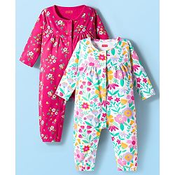 Babyhug 100% Cotton Interlock Knit Full Sleeves Front Open Romper Pack of 2 - Dark Pink & White