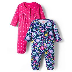 Babyhug 100% Cotton Knit Full Sleeves Floral & Polka Dot Printed Rompers Pack of 2 - Navy Blue & Pink