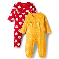 Babyhug 100% Cotton Interlock Knit Full Sleeves Rompers with Polka Dot & Floral Print Pack of 2 - Red & Yellow