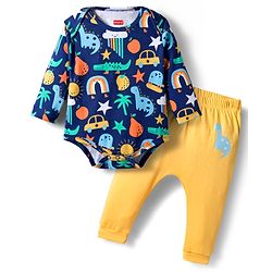 Babyhug 100% Cotton Knit Full Sleeves Printed Onesie With Leggings - Navy Blue & Yellow