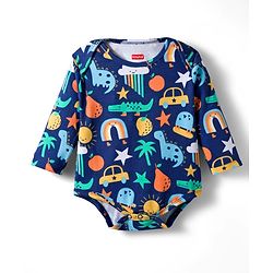 Babyhug 100% Cotton Knit Full Sleeves Printed Onesie With Leggings - Navy Blue & Yellow