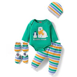 Babyhug 100% Cotton Interlock Knit Full Sleeves Onesie with Legging & Cap Mittens Booties Set with Stripes & Polar Bear Print - Light Green