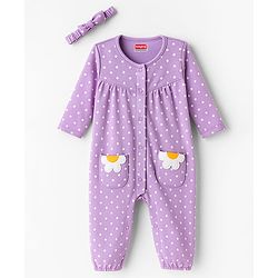 Babyhug 100% Cotton Interlock Knit Full Sleeves Front Open Romper with Hairband & Polka Dot & Floral Patch - Purple