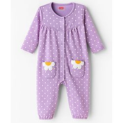 Babyhug 100% Cotton Interlock Knit Full Sleeves Front Open Romper with Hairband & Polka Dot & Floral Patch - Purple