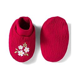 Babyhug Interlock Knit Full Sleeves Floral Embroidered Romper With Hairband & Booties - Red