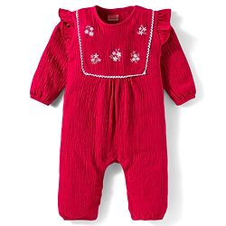 Babyhug Interlock Knit Full Sleeves Floral Embroidered Romper With Hairband & Booties - Red