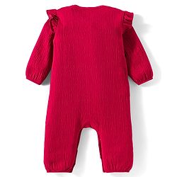 Babyhug Interlock Knit Full Sleeves Floral Embroidered Romper With Hairband & Booties - Red