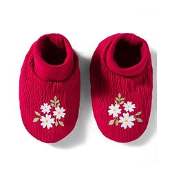 Babyhug Interlock Knit Full Sleeves Floral Embroidered Romper With Hairband & Booties - Red