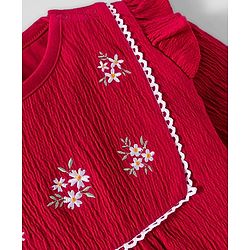 Babyhug Interlock Knit Full Sleeves Floral Embroidered Romper With Hairband & Booties - Red