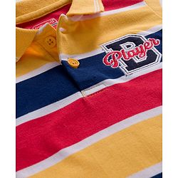 Babyhug Knit Full Sleeves Striped Polo T-Shirt with Text Embroidery - Multicolor