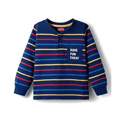 Babyhug Knit Full Sleeves Striped Henley Neck T-Shirt with Text Print - Navy Blue