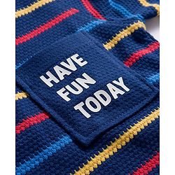 Babyhug Knit Full Sleeves Striped Henley Neck T-Shirt with Text Print - Navy Blue