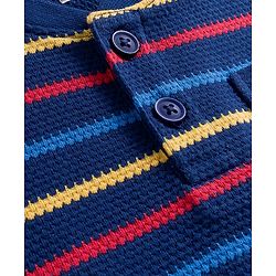 Babyhug Knit Full Sleeves Striped Henley Neck T-Shirt with Text Print - Navy Blue